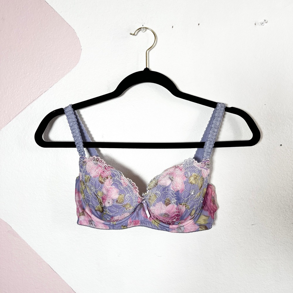 Purple Floral Embroidered Bra 32E Coquette‎ Dainty Fairy Whimsical Rave